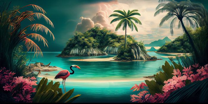 Tropical summer paradise scene landscape with river, ocean, sea, leaves and plants. flowers and birds. Generative AI.