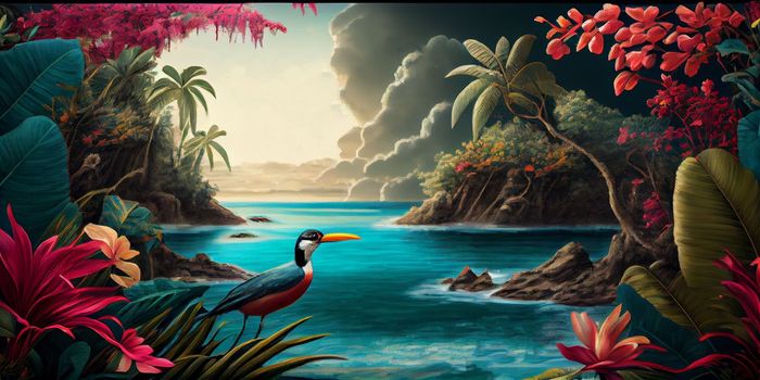 Tropical summer paradise scene landscape with river, ocean, sea, leaves and plants. flowers and birds. Generative AI.