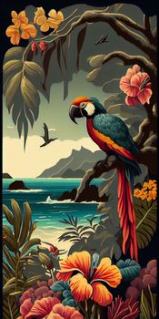 Tropical summer paradise scene landscape with river, ocean, sea, leaves and plants. flowers and birds. Generative AI.