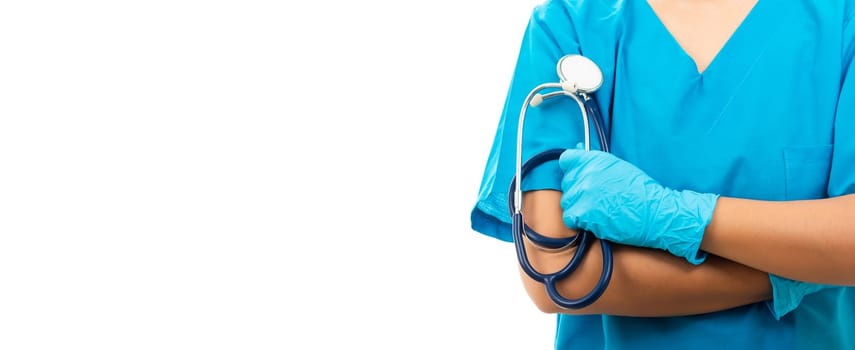 Doctor Day. Female nurse with stethoscope puts on rubber gloves and wearing medical face mask, woman doctor in blue uniform crossed arms, isolated on over white background, medical health concept