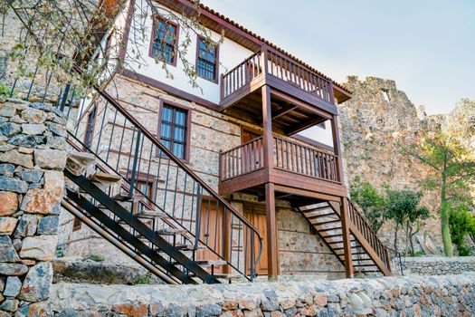 Traditional old Turkish three-storey house, lower viewing angle