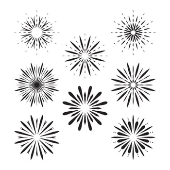 Fireworks icons collection. Graphic different black symbol for festival or carnival explosion, firecracker. Burst contour pattern shaped set isolated on white. Jpeg illustration.