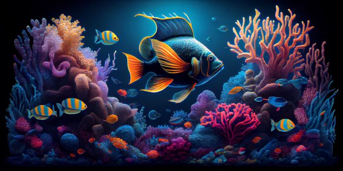 Underwater Scene With Coral Reef And Exotic Fishes. Generative AI.