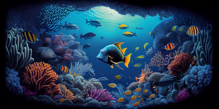 Underwater Scene With Coral Reef And Exotic Fishes. Generative AI.