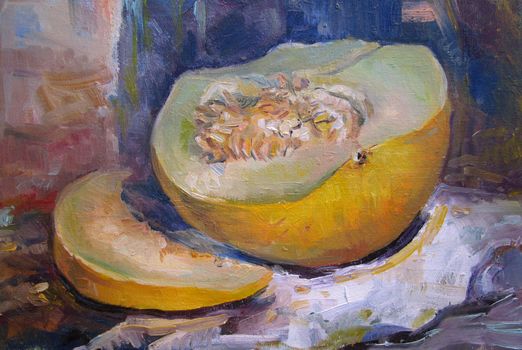 Art Oil-Painting Picture Melon. Oil on canvas texture. Hand painted. Modern art.