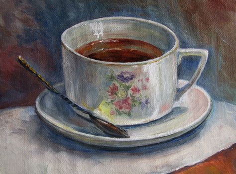 painting texture oil painting still life, a cup of tea, painted color image, backgrounds and wallpaper, floral pattern on canvas