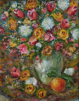 Bouquet of flowers, roses and fruits, painting