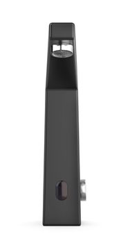 Matte black sensor faucet on white background, front view