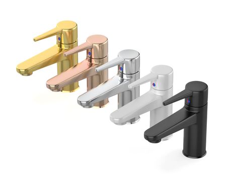 Five bathroom faucets with different colors and materials on white background
