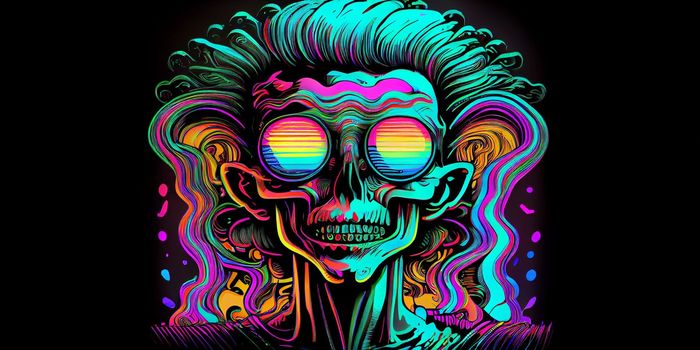 Psychedelic trippy alien cartoon 70s, rave style, acid color. Retrowave concept. AI Generative.