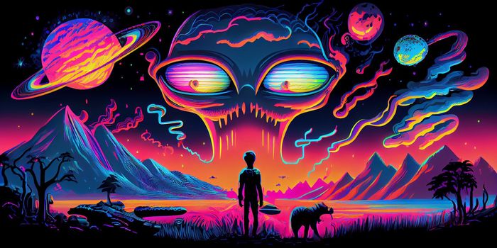 Psychedelic trippy alien cartoon 70s, rave style, acid color. Retrowave concept. AI Generative.