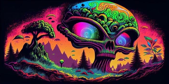 Psychedelic trippy alien cartoon 70s, rave style, acid color. Retrowave concept. AI Generative.