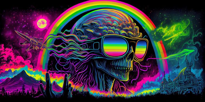 Psychedelic trippy alien cartoon 70s, rave style, acid color. Retrowave concept. AI Generative.