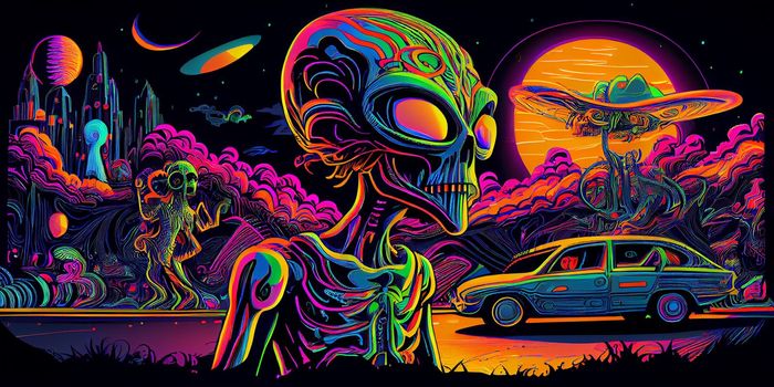 Psychedelic trippy alien cartoon 70s, rave style, acid color. Retrowave concept. AI Generative.