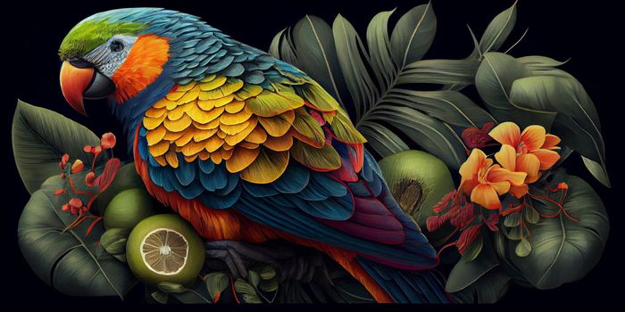 Tropical vintage exotic bird, flower, fruit, palm leaves floral . Exotic jungle wallpaper. AI Generative.