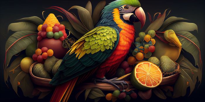 Tropical vintage exotic bird, flower, fruit, palm leaves floral . Exotic jungle wallpaper. AI Generative.