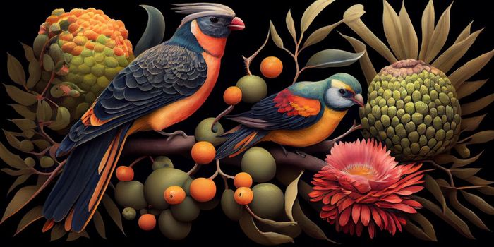 Tropical vintage exotic bird, flower, fruit, palm leaves floral . Exotic jungle wallpaper. AI Generative.