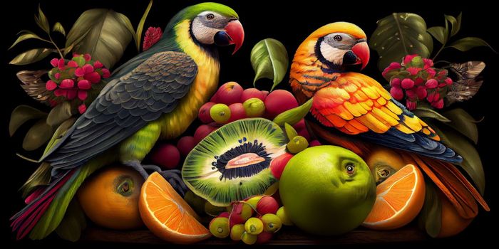 Tropical vintage exotic bird, flower, fruit, palm leaves floral . Exotic jungle wallpaper. AI Generative.