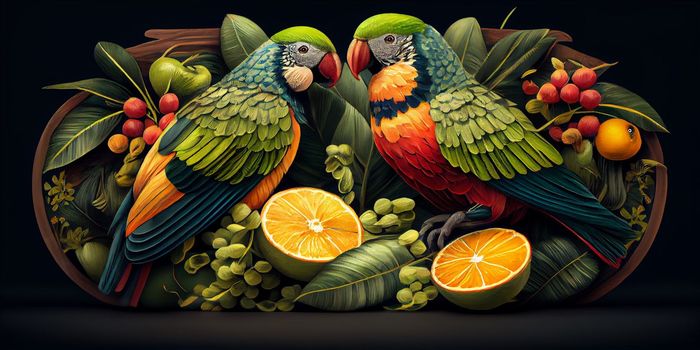 Tropical vintage exotic bird, flower, fruit, palm leaves floral . Exotic jungle wallpaper. AI Generative.