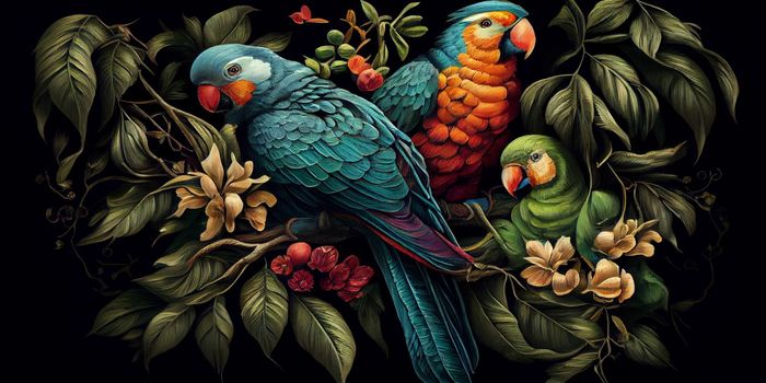 Tropical vintage exotic bird, flower, fruit, palm leaves floral . Exotic jungle wallpaper. AI Generative.