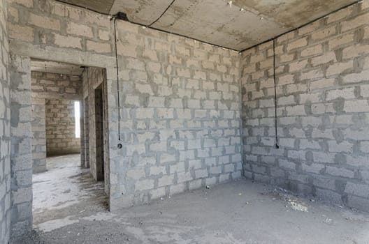 Construction of an individual residential building, view of the interior partition with a doorway a