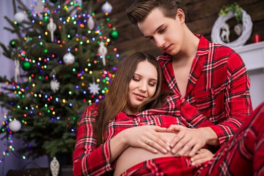 A couple sits in the foreground with a close-up of the woman's pregnant belly. The man embraces the pregnant belly. In the background a dressed Christmas tree with Christmas lights.