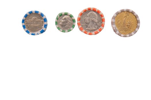 Photo of rolled US coins nickels, dimes, quarters, dollar placed on end, isolated on white background with clipping paths, copy space. High quality photo