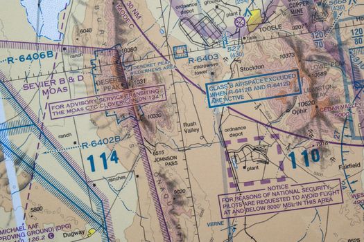 Close up detail of FAA sectional map showing national security flight restrictions. High quality photo