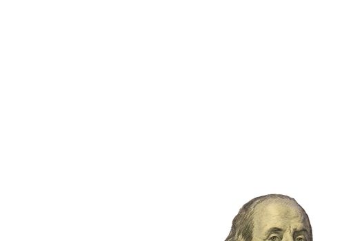 Isolated Ben Franklin face closeup from hundred dollar bank note USD, isolated on white background with clipping path. Copy space, high quality photo