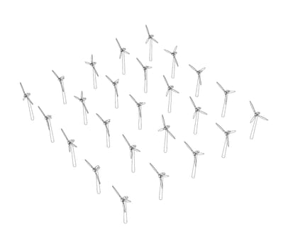 Wind turbines on white. 3d illustration. Wire-frame style