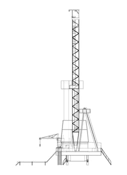 Oil rig on white. 3d illustration. Wire-frame style. Orthography