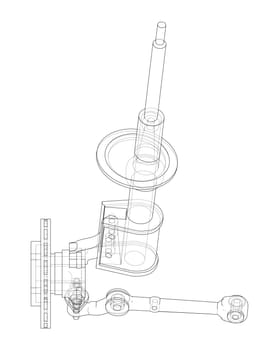 Car suspension with shock absorber. 3d illustration. Wire-frame style