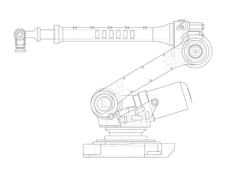 Industrial Robotic Arm. 3d illustration. Wire-frame style. Orthography