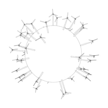 Electric wind turbines on round planet. 3d illustration