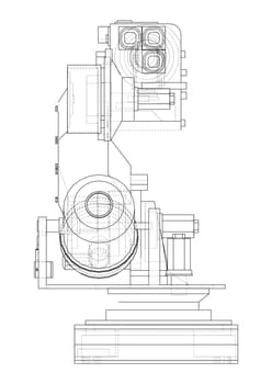 Industrial Robotic Arm. 3d illustration. Wire-frame style. Orthography