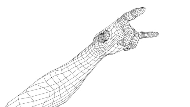 Hand in rock n roll sign. 3d illustration. Wire-frame style