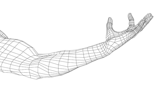 Hand hold some tiny or thin object. 3d illustration. Wire-frame style. Hand hold somethin