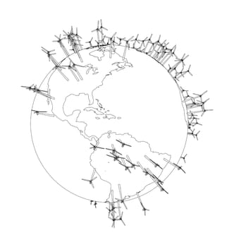 Electric wind turbines on Earth. 3d illustration