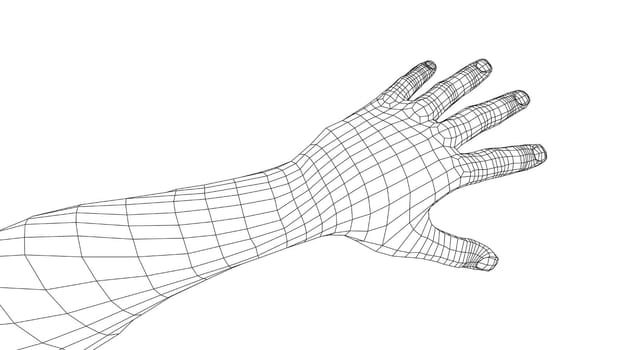 Open palm hand gesture of male hand. 3d illustration. Wire-frame style