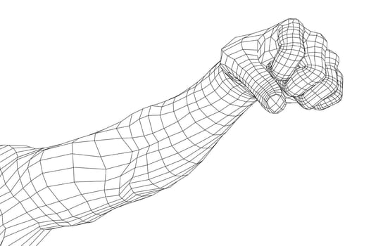 Male clenched his fist. 3d illustration. Wire-frame style.