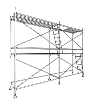 Prefabricated scaffolding on white. 3d illustration. Wire-frame style