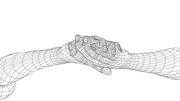 Two men shaking hands. 3d illustration. Wire-frame style. The concept of friendship, partnership and cooperation