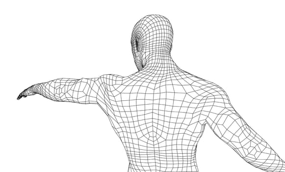Virtual wireframe a man holds his hand in front of him and looks ahead. 3d illustration