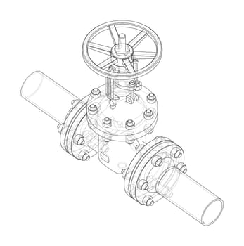 Industrial valve on white. 3d illustration. Wire-frame style