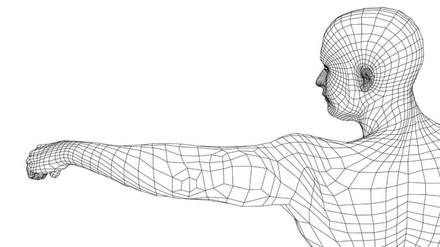Fist of young fighter. 3d illustration. Wire-frame style. The athlete stretches out his hand, clenches his fist and looks in the direction of the fist