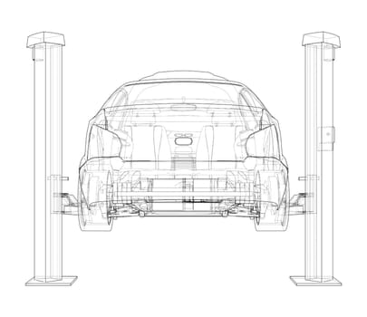 Car lift stand tower with car. 3d illustration