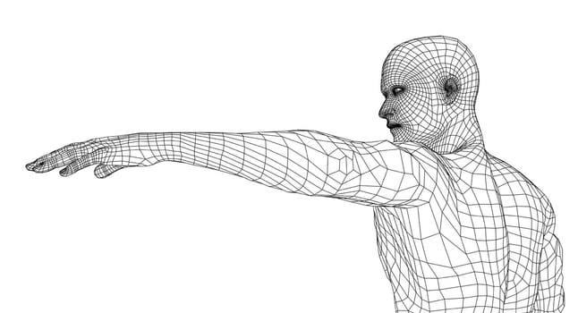 Virtual wireframe a man holds his hand in front of him and looks ahead. 3d illustration