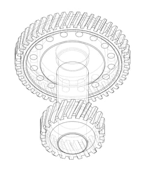 Gear wheel on white. 3d illustration. Wire-frame style. Orthography