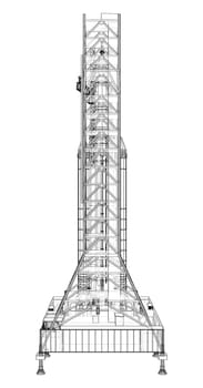 Space Rocket on launch pad. 3d illustration. Wire-frame style. Elements of this image furnished by NASA