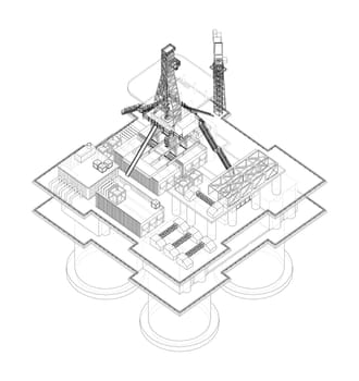 Offshore Oil Rig. 3d illustration. Wire-frame style. Orthography